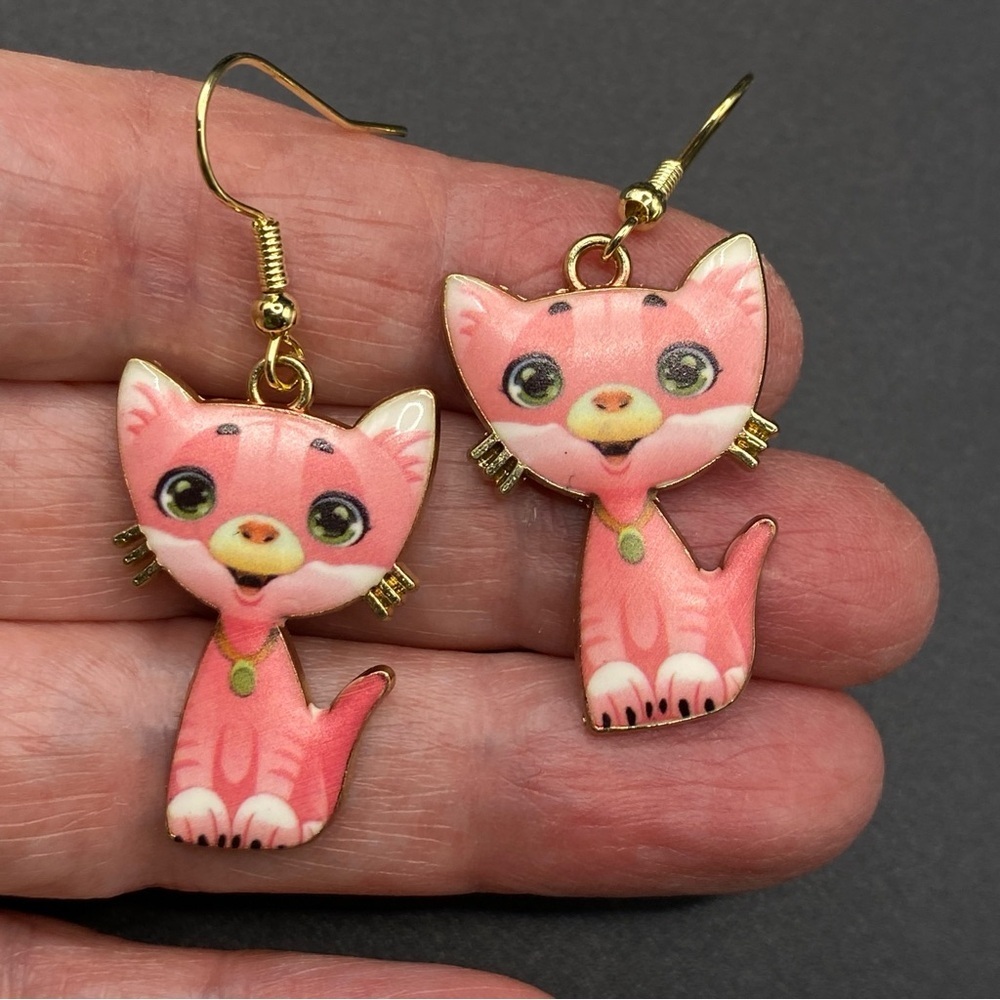 Cat Lady Earrings Boho Pink Cute Kitty Pierced Dangle Gold Tone New